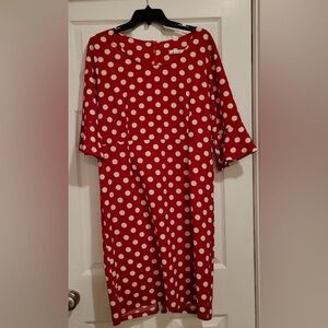 Red dress with white dots. Bell shapes sleeves. Brand: Angvns, dress size: XL